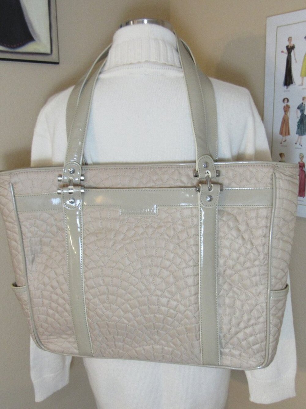 Vera Bradley Quilted Khaki/Beige Bonjour Laptop Bag Satchel Tote Handbag